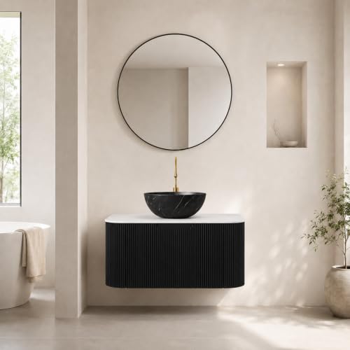 30" Floating Bathroom Vanity with Sink, Wall Mounted Plywood Cabinet, Black Fluted Front, Sintered Stone Countertop, Black Marble-Look Ceramic Bowl Vessel Sink, Soft-Close Drawer, Pre-Assembled - color: Black Cabinet / Black Marble Bowl Sink, size: 30 Inc