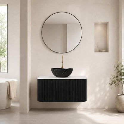 30" Floating Bathroom Vanity with Sink, Wall Mounted Plywood Cabinet, Black Fluted Front, Sintered Stone Countertop, Black Marble-Look Ceramic Bowl Vessel Sink, Soft-Close Drawer, Pre-Assembled - color: Black Cabinet / Black Marble Bowl Sink, size: 30 Inc