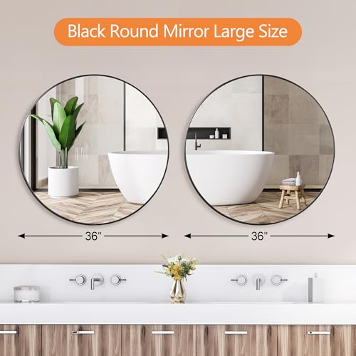 ZENY 36 Inch Round Wall Mirror, Black Frame Bathroom Mirror for Wall, Large Circle Vanity Mirror Wall Mounted - size: 36"L x 36"W