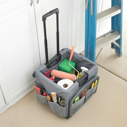 Folding Mobile Utility Cart, Canvas Organizer Bag, Dark Grey/Grey | Durable plastic, 30 compartments, adjustable handle, 40 lb capacity, collapses to 3" thick, rolling wheels for easy transport - color: Dark Grey/Grey