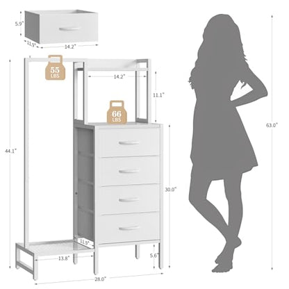 Yoobure White Dresser with Hanging Rack - Small Dresser for Bedroom with 4 Drawers, 44'H Chest of Drawers, Reversible Kids Dressers with Storage Shelf, Closet Dressers, Dorm Essentials, Sturdy Frame - color: White