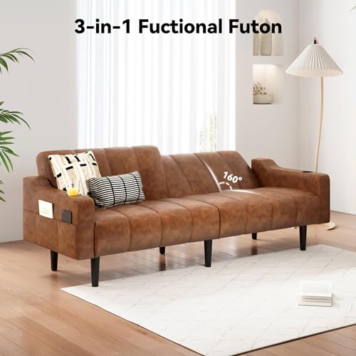 Brelice 80'' Futon Sofa Bed, Leather Couch, Faux Leather Couch with Adjustable Backrest, 2 Cup Holders & Side Pockets, Mid Century Modern Futon Sofa for Living Room, Bedroom, Light-Brown - color: Faux Leather Brown