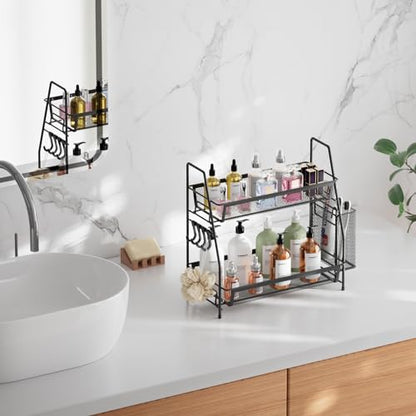 2 Tier Bathroom Countertop Organizer, Vanity Storage Shelf, Small, Black | Bathroom Counter Organizer, Vanity Makeup Tray Shelf, Kitchen Spice Rack, Metal Wire Mesh, with Basket Hooks - color: 2 Tier Small Black