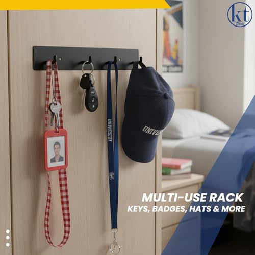 Key Holder Wall Mount Key Rack, Hanging Keys Hanger Hooks for Wall-Mounted Black Rail with 4 Hooks Storage Organizer Home Decor, Self Adhesive no Drill or Screws