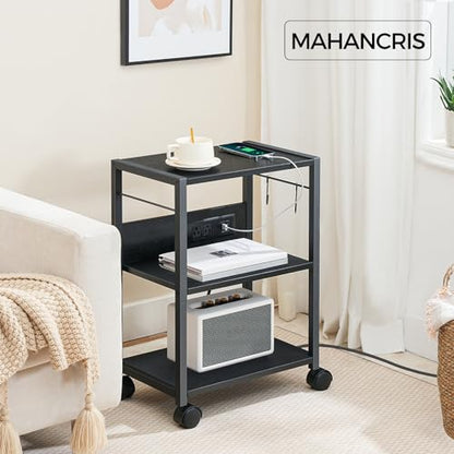 MAHANCRIS Industrial Printer Cart, 3-Tier Mobile Printer Stand, Rolling Cart with Power Outlets and USB Ports, Home Printer Stand with 2 Hooks, for Office, Living Room, Black PTHB40E01 - color: Black