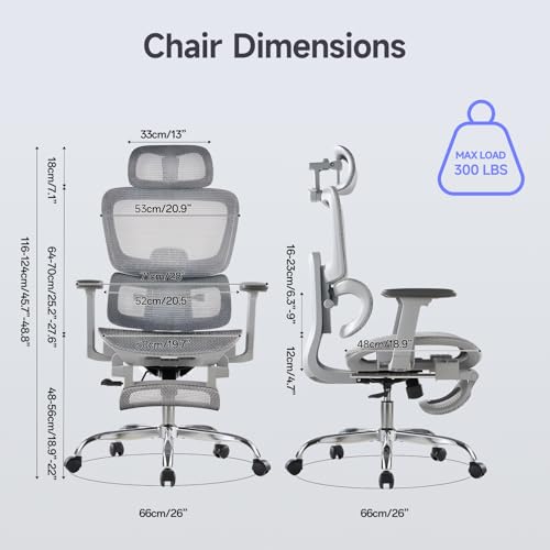 Office Chair with Footrest, Ergonomic Chair with 3D Headrest, Computer Chair with Adjustable Backrest & 3D Armrest, Gaming Chair with Adaptive Lumbar Support, Mesh Backrest & Cushion, Grey - color: Grey, style: Lite