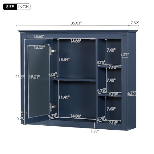 Wall Mounted Medicine Cabinet, Bathroom Storage Cabinet with Mirror Door and 6 Adjustable Open Shelf (7.3" D x 35" W x 27.5" H) (Blue) - color: Blue