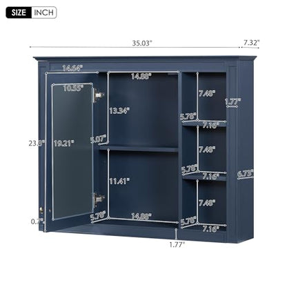 Wall Mounted Medicine Cabinet, Bathroom Storage Cabinet with Mirror Door and 6 Adjustable Open Shelf (7.3" D x 35" W x 27.5" H) (Blue) - color: Blue
