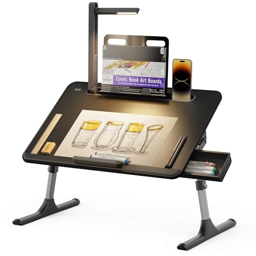 Laptop Table with LED Desk Light, SAIJI Laptop Stand for Bed | Height Adjustments Bed Desk with Book Stand for Reading Writing Drawing (Black) - color: Bed Desk /Led Light