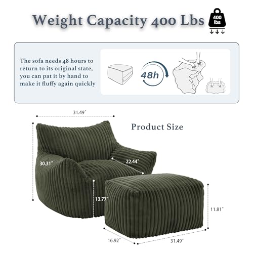 Gericco Oversized Bean Bag Chaise Lounge Chair Indoor for Adults with Armrests & Ottoman - Giant Comfy Green Beanbag Lazy Floor Sofa Cloud Accent Chair for Reading, Gaming, Cozy Plush Cloud Mini Couch - color: Green, size: XL Sofa Chair + Footstool