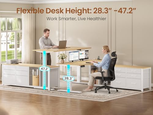 SEDETA L Shaped Electric Standing Desk, 55" x 55" Height Adjustable Office Executive Desk with 6 Fabric Drawers and Storage Shelves, Sit Stand Computer Desk with Power Outlet - color: Oak