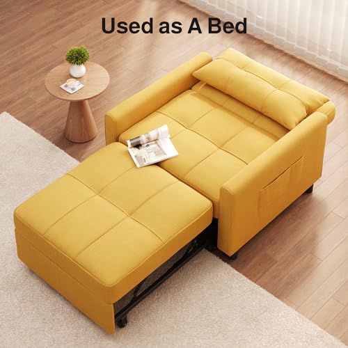 Convertible Sleeper Chair Sofa Bed, Adjustable Backrest, Yellow | 3 in 1 Chair Bed, Adjustable Backrest, Storage Pocket, Compact Fit for Living Rooms, Apartments, Guest rooms - color: Yellow
