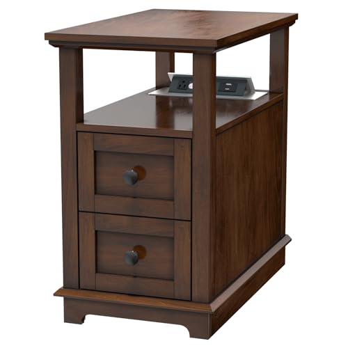 HIFYOBRO 2 Drawers End Table with Flip Top Charging Station | Type-C & USB Port & Power outlets, Wooden Storage Cabinet, Side Table with Storage for Living Room and Bedroom - color: Glossy Cherry, size: 1 Piece