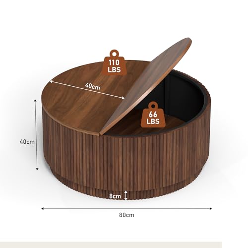 31.5" Round Coffee Table with Storage, Mid Century Modern Coffee Tables with Fluted Base, Wooden Circle Accent Center Table for Living Room Small Space Apartment Office (Walnut) - color: Walnut 31.5" Round Flip-top