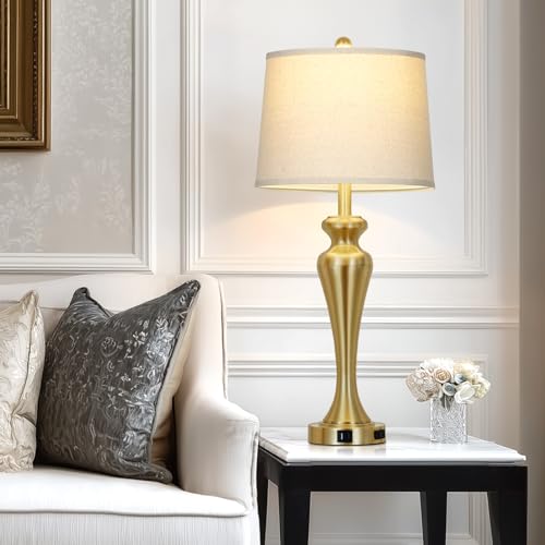 CINSARY 30" Tall Gold Table Lamps Set of 2 for Living Room, Touch Control Bedside Lamps for Nightstand, 3-Way Dimmable Bedroom Lamp with USB A+C Ports and AC Outlet, Metal Brass Table Lamp - color: Gold (2 Pack)