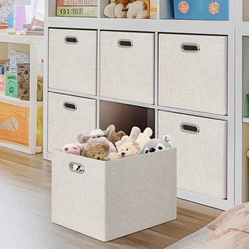 Posprica 15.12"x12.13"x12.01" Storage Cube Bins, Linen Decorative Closet Storage Organizer for IKEA Kallax, 4 Pack Fabric Foldable Large Storage Baskets for Closet, Shelves, Clothes(Beige) - color: Beige, size: 15.12 Lx12.13 Wx12.01 H