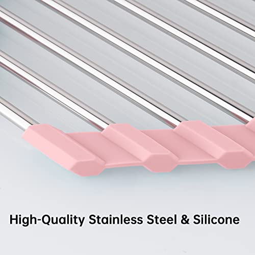 Tomorotec Triangle Foldable Dish Drying Rack, Small Roll-Up Stainless Steel Over Sink Drainer for Kitchen Sink Corner, Rustproof Multipurpose Organizer(Pink) | BPA-Free Food-Grade Silicone Edges Foldable Waterproof Rustproof Heavy-Duty Space Saver Heat Re