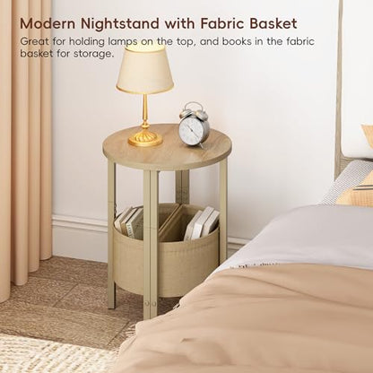 Small Round Side Table End Table, Tall Accent Table with Storage Basket, Set of 2 Half Round Tables Half Moon Tables, Coffee Bedside Tables, Modern Nightstand for Living Room Bedroom,Natural - color: Natural Walnut