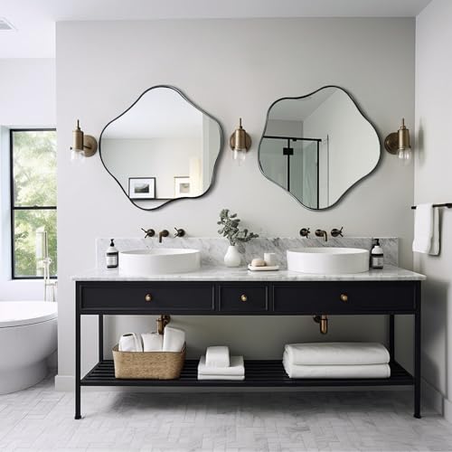 20" Scalloped Irregular Wall Mirror with Black Metal Frame | Asymmetrical Design, Horizontal/Vertical Hanging, Wavy Round Art Deco Wall Mirror for Entryway Bedroom Bathroom Living Room - color: Black, size: 20"L x 20"W