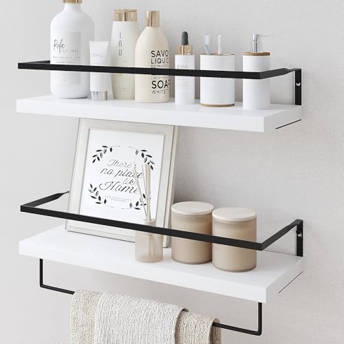 White Wood Floating Shelves Wall Mounted - 2+1 Tier Rustic Bathroom Wall Shelves Over Toilet with Towel Bar, Natural Wood Set of 2 Farmhouse Floating Shelf for Bathroom, Kitchen, Bedroom. - color: 2-tier White Bathroom Shelves, size: 2-Tier