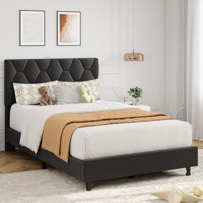 GAOMON Grey Twin Bed Frame with Upholstered Headboard, Heavy-Duty Platform Bed Frame with Strong Wood Slats, No Box Spring Needed/Noise Free/Easy Assembly - color: Grey, size: Twin
