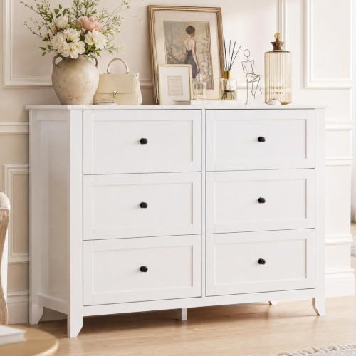 GarveeHome White 6 Drawer Dresser for Bedroom | Chest of Drawer Dresser for 48 in TV, Modern Wood Organizer TV Stand for Living Room, Closet Storage, Entryway, Hallway - color: White, size: 15.7"D x 41.9"W x 31.5"H (6 Drawers)