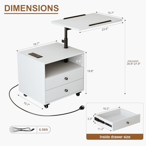 Bedroom Nightstand with Drawers & Charging Station, Adjustable Height Bedside Table with Wheels, Wooden Small Sofa Side Tables with Storage for Living Room, White - color: [A3] White