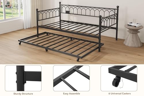 IDEALHOUSE Twin Daybed with Trundle, Day Bed with Charging Station and LED Lights, Heavy Duty Metal Bed Frame, Metal Sofa Bed Frame with Steel Slat Support for Living Room, Bedroom, Apartment, Black | Charging Station, LED Lights, Pull-Out Trundle, Space-