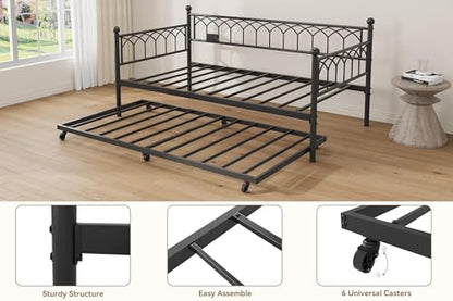 IDEALHOUSE Twin Daybed with Trundle, Day Bed with Charging Station and LED Lights, Heavy Duty Metal Bed Frame, Metal Sofa Bed Frame with Steel Slat Support for Living Room, Bedroom, Apartment, Black | Charging Station, LED Lights, Pull-Out Trundle, Space-