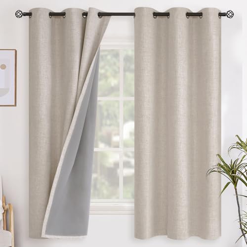 YoungsTex Oatmeal Linen Blackout Curtains for Bedroom 63 Inch Length, Light Blocking Short Window Drapes for Living Room Farmhouse Thermal Insulated Tan Blinds with Grommet, 2 Panels, 38 X 63 Inch - color: Oatmeal, size: 38"W x 63"L (Pack of 2)