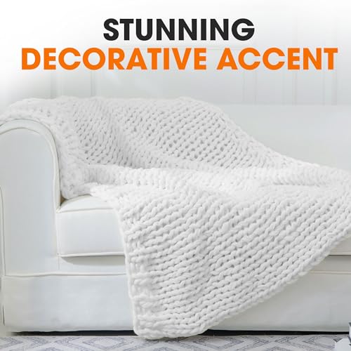 Cheer Collection Chunky Knit Blanket - Throw Blankets for Bed & Couch, Cozy Chunky Knit Throw Blanket, Ultra-Soft Oversized Knitted Blanket, Machine Washable Knit Throw Blanket- 50''x60'', White - color: White