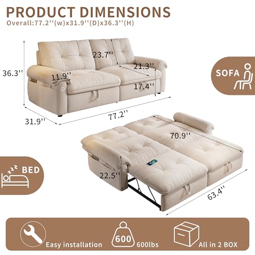 77" Sleeper Sofa Bed, Convertible Pull Out Couch with Velvet Fabric, 3-in-1 Loveseat L Shaped Couch Bed with Adjustable Backrest, Side Pocket & USB Ports for Living Room Apartment, White - color: Beige, style: Sofa Bed w/USB