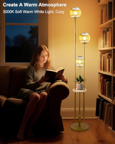 Globe Glass Floor Lamp with Table, Gold Tall Standing Lamps Dimmable, 3000K Warmwhite Mid Century Modern Floor Lamp with 5Lbs Heavy Base for Living Room/Bedroom - color: 3 Globe Glass-Gold