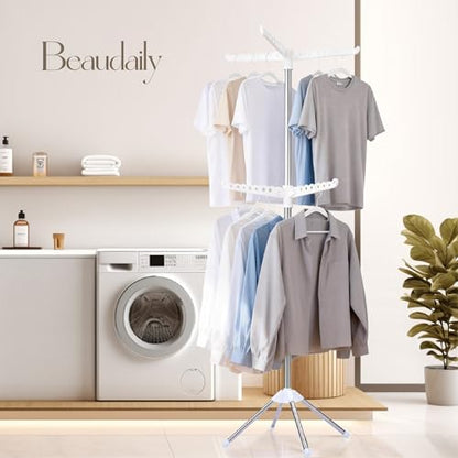 Beaudaily Clothes Drying Rack, Foldable 74.8-Inch Laundry Drying Rack, Indoor 2 Tier Drying Rack Clothing with Rotatable Arms, Stainless Steel, Holds 54 Pieces, Space Saving, White and Silver - color: White + Silver, size: 2-Tier