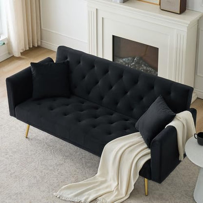 71" Modern Velvet Sofa Bed Futon, Convertible Sleeper Couch, Adj. Backrest | Tufted Recliner Loveseat Design with Golden Chrome Legs & 2 Pillows, Perfect for Small Spaces, Living Room, Apartment - color: Black