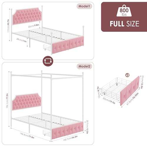 Full Upholstered Canopy Bed Frame with 2 Storage Drawers & Button Tufted Headboard, Metal Platform Bed with 4 Removable Posts, Two-Purpose Velvet Bed, Pink/Curtain Not Included - color: Pink, size: Full