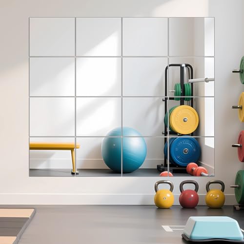 Ruomeng Home Gym Mirrors 14" x 12" x 16Pcs Wall Mounted Mirror Glass Frameless Full Length Mirror Tiles for Home Gym, Bedroom, Door & Bathroom | Workout Mirror Tiles for Garage, Bedroom, Living Room, Over The Door, Frameless Mirror Sets - size: 14"x12"-16