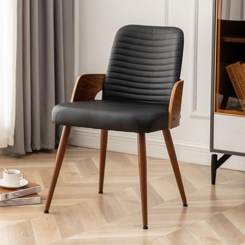 Dining Room Chairs Set of 4,Mid Century Modern Kitchen Chairs,Upholstered Faux Leather Accent Chairs,Metal Legs Wooden Desk Chairs,Armless and No Wheels for Kitchen Dining Living Room,Black - color: Black Pu, size: Set of 4
