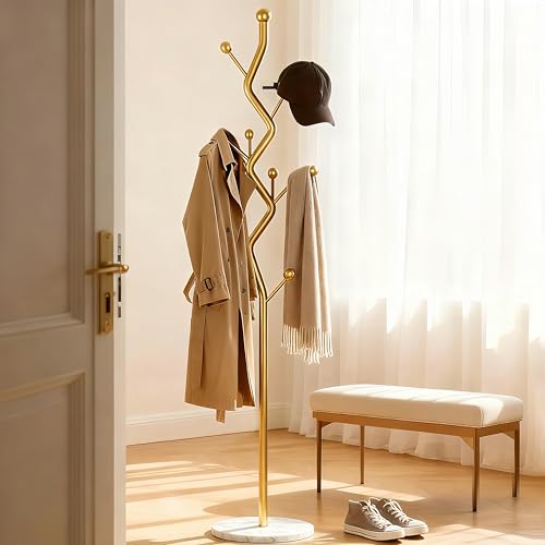 Gold Tree Meta Coat Rack with Marble Base Freestanding Hall Tree | Multi-Hook Entryway Organizer for Hallway, Bedroom, Living Room (Gold) - color: Gold