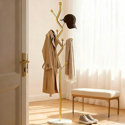 Gold Tree Meta Coat Rack with Marble Base Freestanding Hall Tree | Multi-Hook Entryway Organizer for Hallway, Bedroom, Living Room (Gold) - color: Gold