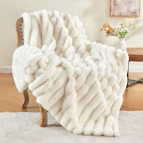 BEDELITE Faux Fur Throw Blanket for Couch, 770GSM, 50" x 60", Cream | Soft and Cozy Luxurious 3D Striped Fluffy Blanket, Warm Plush Fuzzy Faux Rabbit Fur for Women Gift, Stylish Room Decor - color: Cream, size: Throw(50"x60")