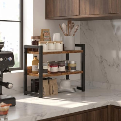 Kitchen Countertop Organizer Shelf, 3 Tier Spice Rack Wood Coffee Counter Shelf Kitchen Cabinet Organizer with Metal Leg for Countertop, Pantry, Bathroom Countertop Organizer, Rustic Brown
