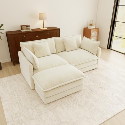 76.7” Oversized Beige White Loveseat Sofa, 2 Seater Large Sectional Couches for Living Room, Chenille Fabric Modular Sectional Sofa with 1 Ottoman, Deep Seat Home Sofas Set, Love Seat Couches - color: Beige White, size: 2 Seater + 1 Ottoman