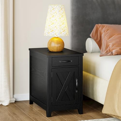IRONCK End Table with Charging Station, Narrow Side Table, Black | Bedside table. Farmhouse nightstand with drawer, cabinet, flip-top, and cup holder, wood grain, for home - color: Black