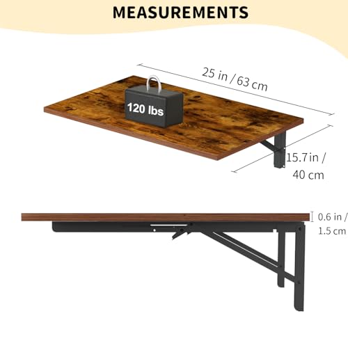 GOYLSER Wall Mounted Folding Table Floating Desk for Small Spaces, Fold Down Laundry Wall Table with Brackets - color: Rustic Brown, size: 25"x15.7"