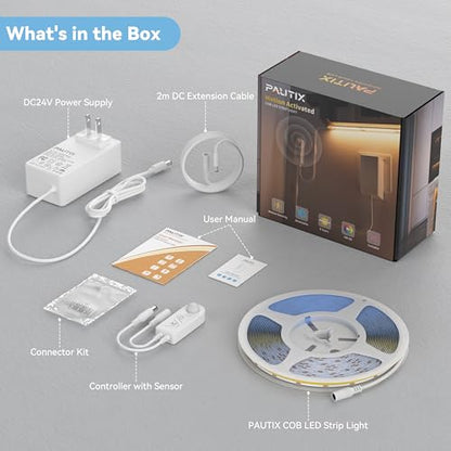 PAUTIX COB LED Strip Lights 2700K Warm White,Motion Sensor LED Lights,Dimmable 24V Motion Activated LED Strip Light,20ft Super Bright with Dual Lighting Mode,for Under Cabinet,Kitchen,Stairs,Bedroom - size: 20 Ft