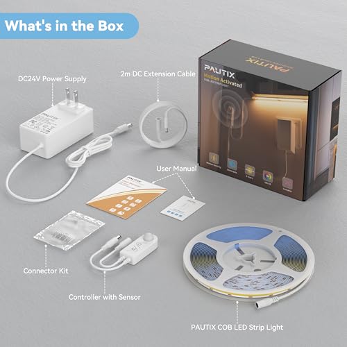 PAUTIX COB LED Strip Lights 2700K Warm White,Motion Sensor LED Lights,Dimmable 24V Motion Activated LED Strip Light,32.8ft Super Bright with Dual Lighting Mode,for Under Cabinet,Kitchen,Stairs,Bedroom - size: 32.8 Ft