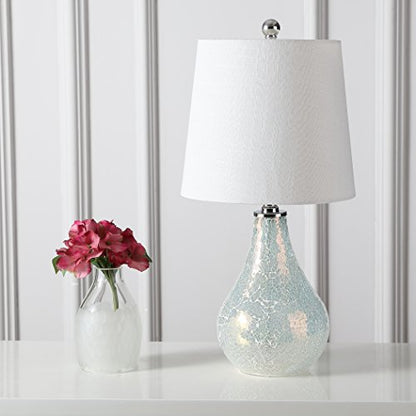 JONATHAN Y Mona Coastal Mini LED Table Lamp 20" Bedside, Mosaic White | Linen Tapered Drum Shade, Glass Body, On-Off Rotary Switch, LED Bulb Included - color: White