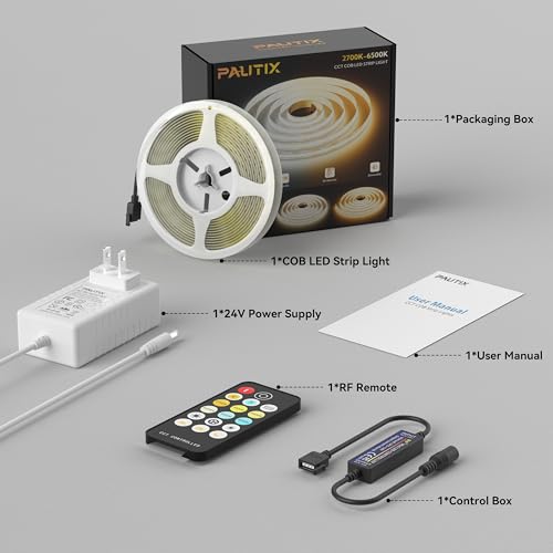 PAUTIX COB LED 스트립 조명 2700K-6500K CCT 조정 가능한 화이트 UL 등록 도트리스 LED 조명, RF 리모컨 포함, 5m(16.5피트) 매우 밝은 조도 조절 가능한 24V 테이프 조명, 캐비닛 아래 침실 주방 사무실 조명용 - size: 2700K-6500K/16.4ft