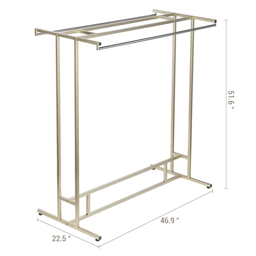 MyGift 4ft Tall Brass Tone Stainless Steel Freestanding Garment Rack, Heavy Duty Double Rod Clothes Closet Stand, Coat Dress Clothing Storage Display Shelf - color: Brass